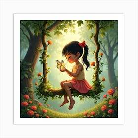 A Girl Sitting On A Swing Made Of Vines, Holding A Glowing Butterfly, Surrounded By Flowers Art Print