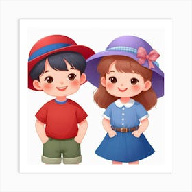 Boy And Girl In Hats 1 Art Print