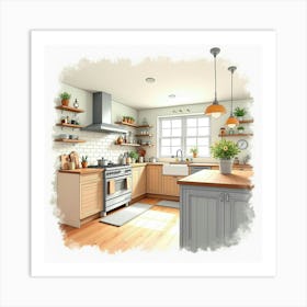 Stylish Kitchen Watercolor Painting, Bright And Cheerful 1 Art Print