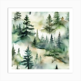 Appalachian Mountains of Misty Pines Watercolor Print of Evergreen Forest..362 Art Print