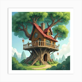 Magical Treehouse In A Mystical Grove, Watercolor 1 Art Print