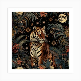 Dark Academia Night Forest Beautiful Tiger in a Magical Moonlight Dark Jungle Art Print