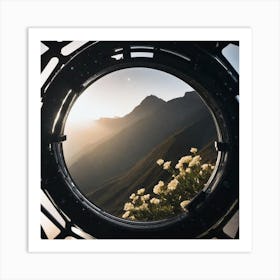 View From A Window with flowers and mountains  Art Print