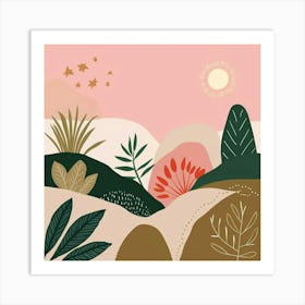 Pastel Pink Boho Landscapes with Vibrant Botanical Details Art Print