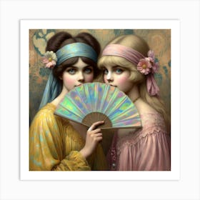 Two Women Holding A Fan Art Print