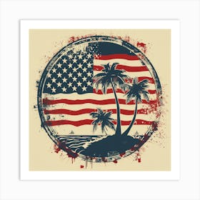 Retro American Flag With Palm Trees Art Print
