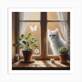 White Cat At The Window Art Print