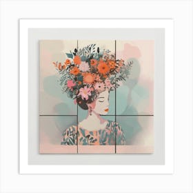 woman portrait with watercolour  floral head crown  Art Print