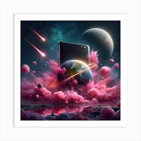 A Photo Realistic Mobile Phone As A Planet In Space With Pink Smoke And Explosions, With 2 Moons In The Background, Digital Art 2 Art Print