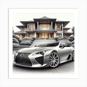 A Pencil Drawing Of A Lexus LFA In Front Of A Beautiful Modern Mansion 1 Art Print