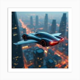 Sleek Futuristic Flying Car With Glowing Lights, Cruising Over A Modern City 1 Art Print