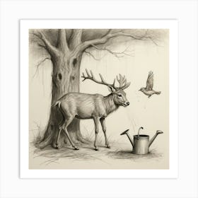 Deer And Bird Art Print