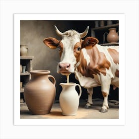 Cow Drinking From Jug Art Print