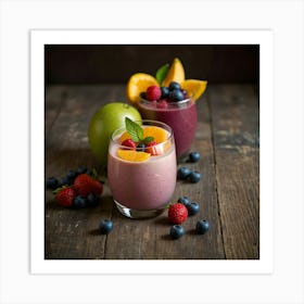 Smoothies With Fruit On Wooden Table Art Print