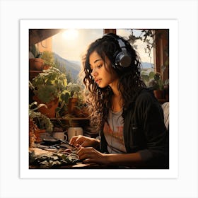 Girl Crafting And Listening To Music With Mountain View Art Print