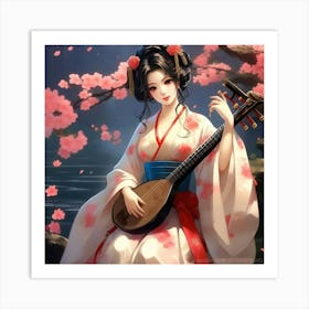 Japanese Geisha with musical instrument Art Print
