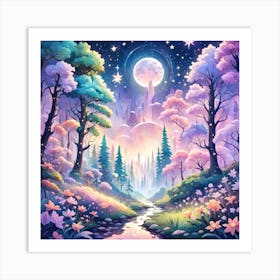 A Fantasy Forest With Twinkling Stars In Pastel Tone Square Composition 166 Art Print