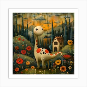 Dinosaur In The Garden, Naïf, Whimsical, Folk, Minimalistic Art Print