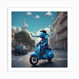 Blue Elephant On A Scooter Art Print