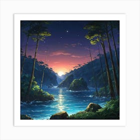 Serene Sunset Over a Tranquil Forest River Surrounded by Towering Trees Art Print