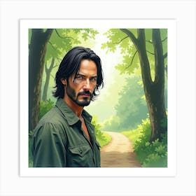 Watercolor Painting Of Keanu Reeves In A Tranquil Forest With Soft Light 1 Art Print