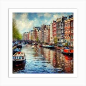 Amsterdam Canals - A canal scene in Amsterdam, with colorful houses lining the banks and boats floating by. The scene is rendered in a realistic, painterly style 3 Art Print