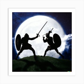 Two Knights Fighting In The Moonlight 1 Art Print