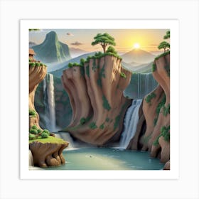 Waterfall In The Mountains Art Print