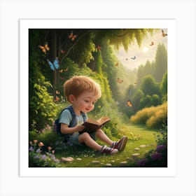 Little Boy Reading A Book Art Print