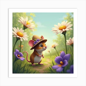 A Tiny Mouse Wearing A Flower Hat, Exploring A Garden Of Giant Daisies And Violets Art Print