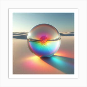 A Single Reflected Rainbow Neon Color Crystal Spheres In The Distance, Wide, Open Desert With White Sand, Minimal, 3d Abstract, Bright Studio Light Art Print