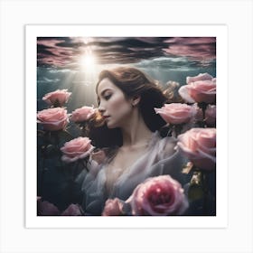 Tyndall Effect, A Beautiful Gregnent Women Lies Underwater In Front Of Pale Purpur Roses ,Sunbeams I Art Print