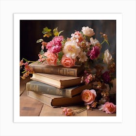 Old Books With Flowers Art Print