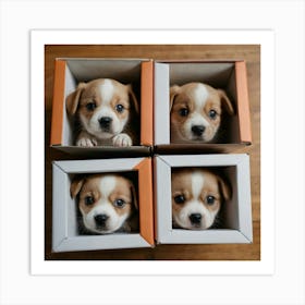 4 Puppies Peeking Out Of Boxes Art Print