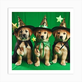 Three Golden Retriever Puppies Dressed As Witches 1 Art Print