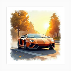 Lamborghini Aventador In A Watercolor Scene With Golden Hour Light 1 1 Art Print