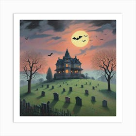 Haunted Manor Bats Under The Blood Moon (2) Art Print