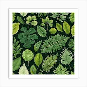 Seamless Pattern Of Green Leaves, Different Types Of Leaves And Their Textures art print Art Print