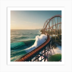 Waves crash onto old rollercoaster Art Print