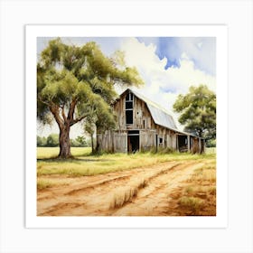 Watercolor Rustic Barn Country Field Landscape Big Tall Olive Green Trees And Burnt Sienna Art Print