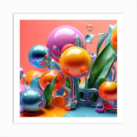 3d Bubbles Colors Dimensional Objects Illustrations Shapes Plants Vibrant Textured Spheric (3) Art Print