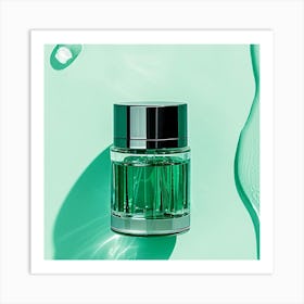 Green Perfume Bottle On A Green Background Art Print