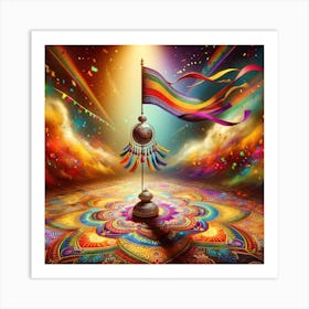 A Surreal And Colorful Representation Of The Maharashtrian New Year Celebration, Gudi Padwa, With A Vividly Decorated Gudi Flag Atop A Pole, Art Print