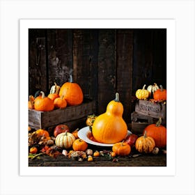 An Autumnal Photography Arrangement Depicting A Vibrant Orange Gourd Amidst A Thanksgiving Meal Sett (3) Art Print