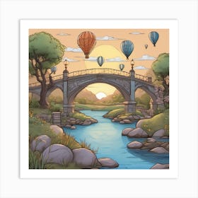 Bridge With Hot Air Balloons Landscape Art Print