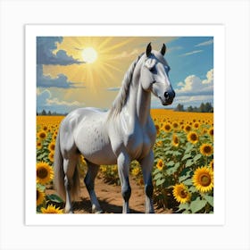 White Horse In Sunflower Field 2 Art Print