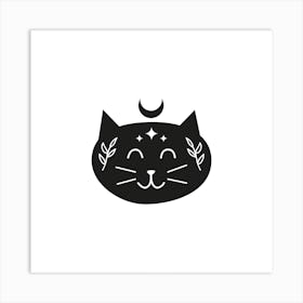 Black Boho Cat Character With Moon Leafy Branches Stars Art Print