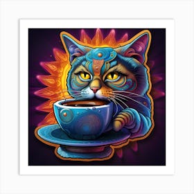 Enlightenment, Cat With A Cup Of Coffee, psychedelic Art Print