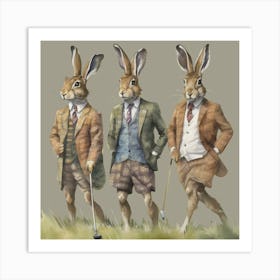 Watercolour Golf Sporting Hares Art Print
