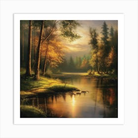 Autumn Lake,Forest Lake, Vintage Oil Painting, Farmhouse Wall Decorations, Antique Landscape, Vintage Landscape Oil Painting.1 3 Art Print